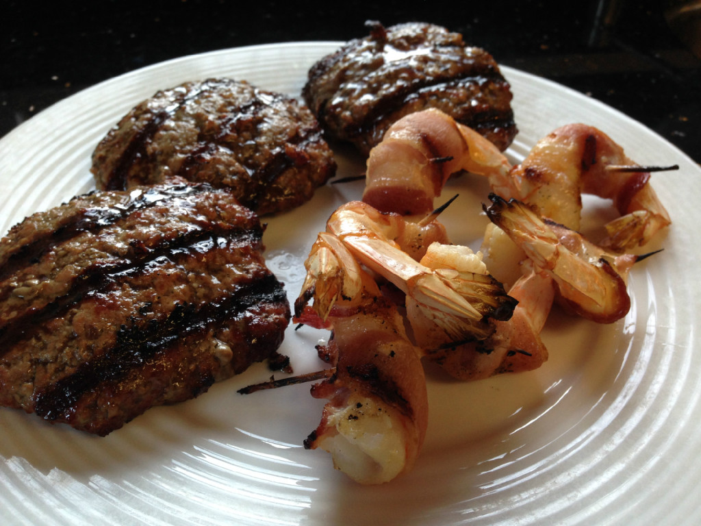 grassfedbeefburgersandbaconwrappedprawns